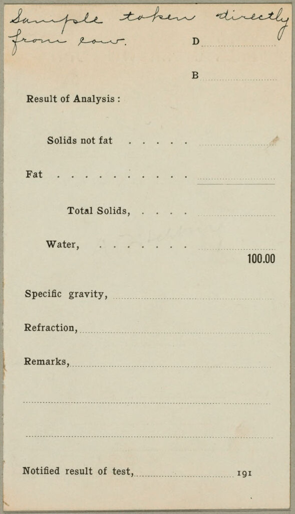 Health, General: United States. Massachusetts. Fitchburg. Health Forms: Sample Taken Directly From Cow