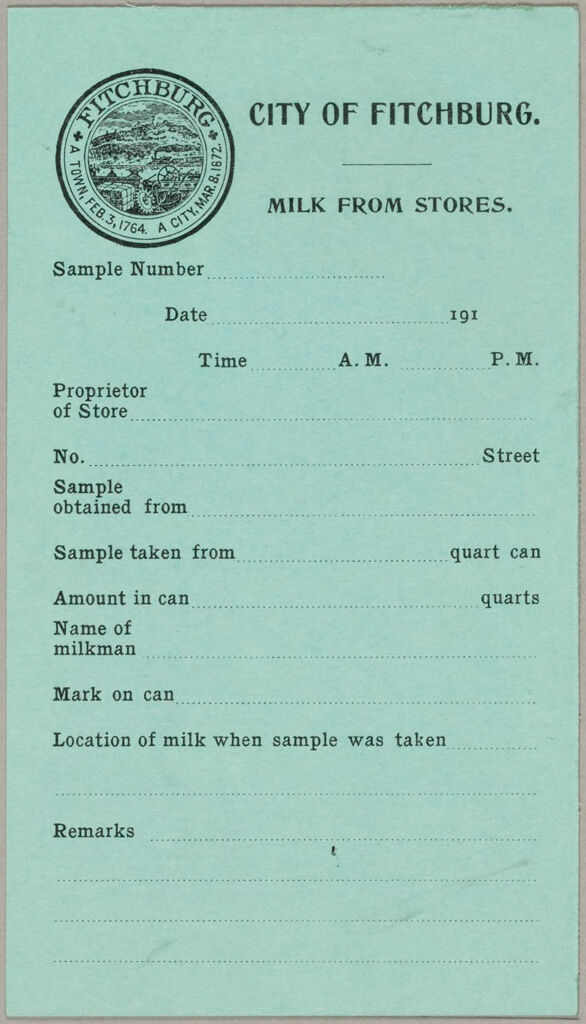 Health, General: United States. Massachusetts. Fitchburg. Health Forms: City Of Fitchburg. Milk From Stores.