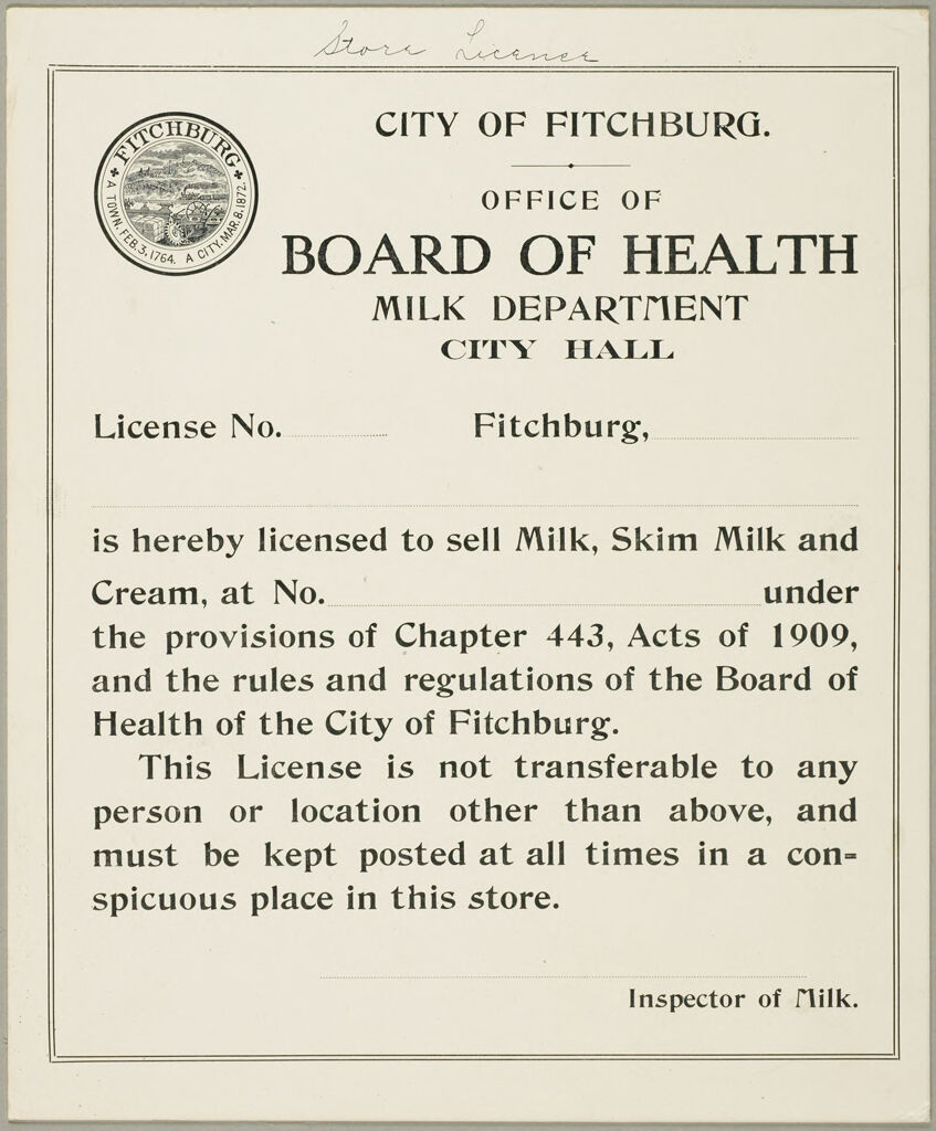 Health, General: United States. Massachusetts. Fitchburg. Health Forms: City Of Fitchburg. Office Of Board Of Health. Milk Department