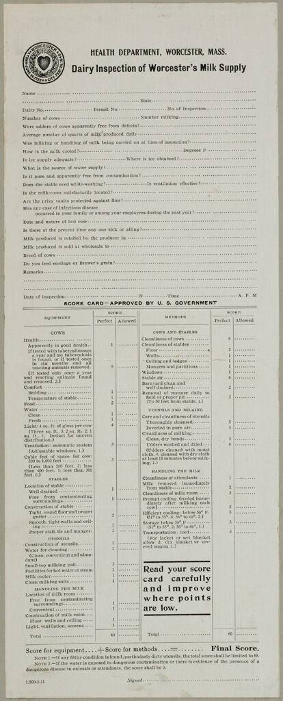 Health, General: United States. Massachusetts. Worcester. Health Department: Health Department, Worcester, Mass.: Dairy Inspection Of Worcesters Milk Supply