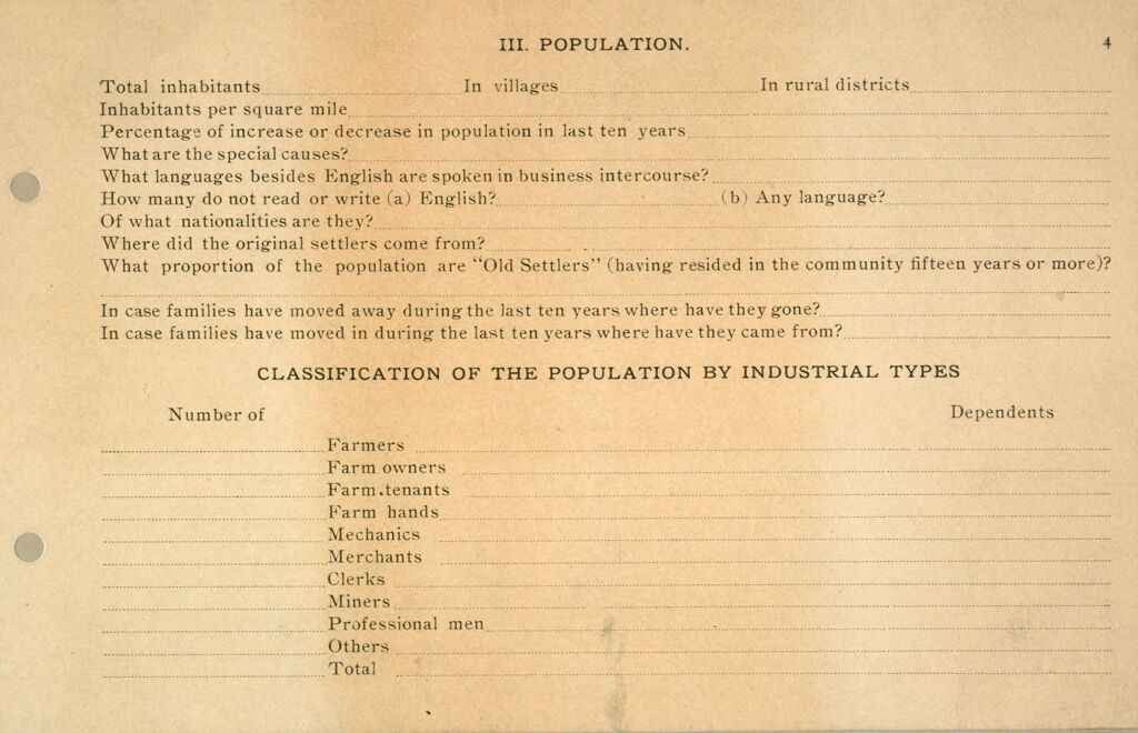Miscellaneous: United States. Social Surveys: Schedules Prepared For Use In Rural Social Surveys: Population. Classification Of The Population By Industrial Types