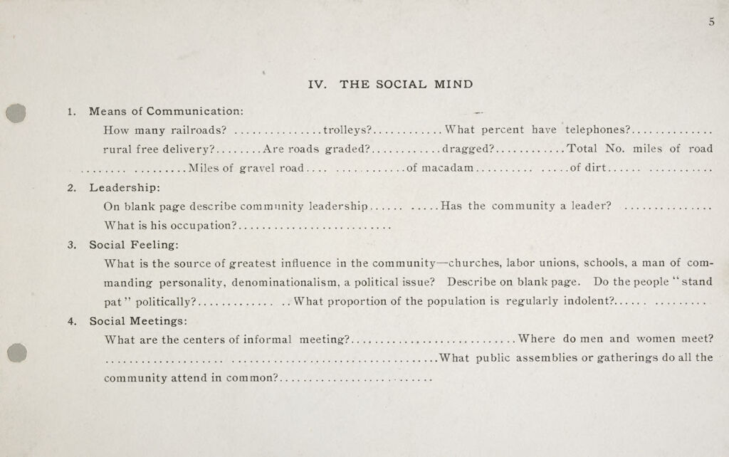 Miscellaneous: United States. Social Surveys: Schedules Prepared For Use In Rural Social Surveys: The Social Mind: Means Of Communication. Leadership. Social Feeling. Social Meetings