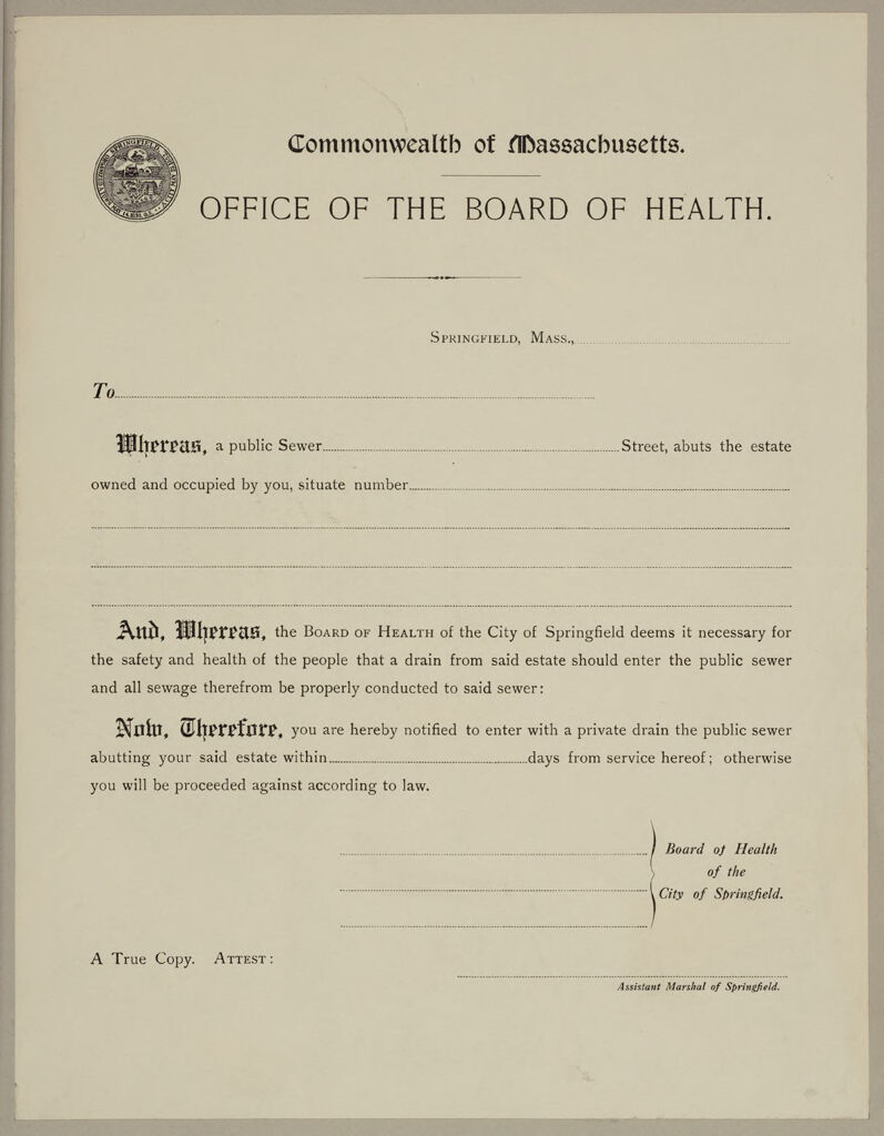 Health, General: United States. Massachusetts. Springfield. Board Of Health Forms: Commonwealth Of Massachusetts. Office Of The Board Of Health.