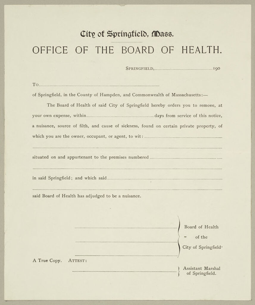 Health, General: United States. Massachusetts. Springfield. Board Of Health Forms: City Of Springfield, Mass. Office Of The Board Of Health.