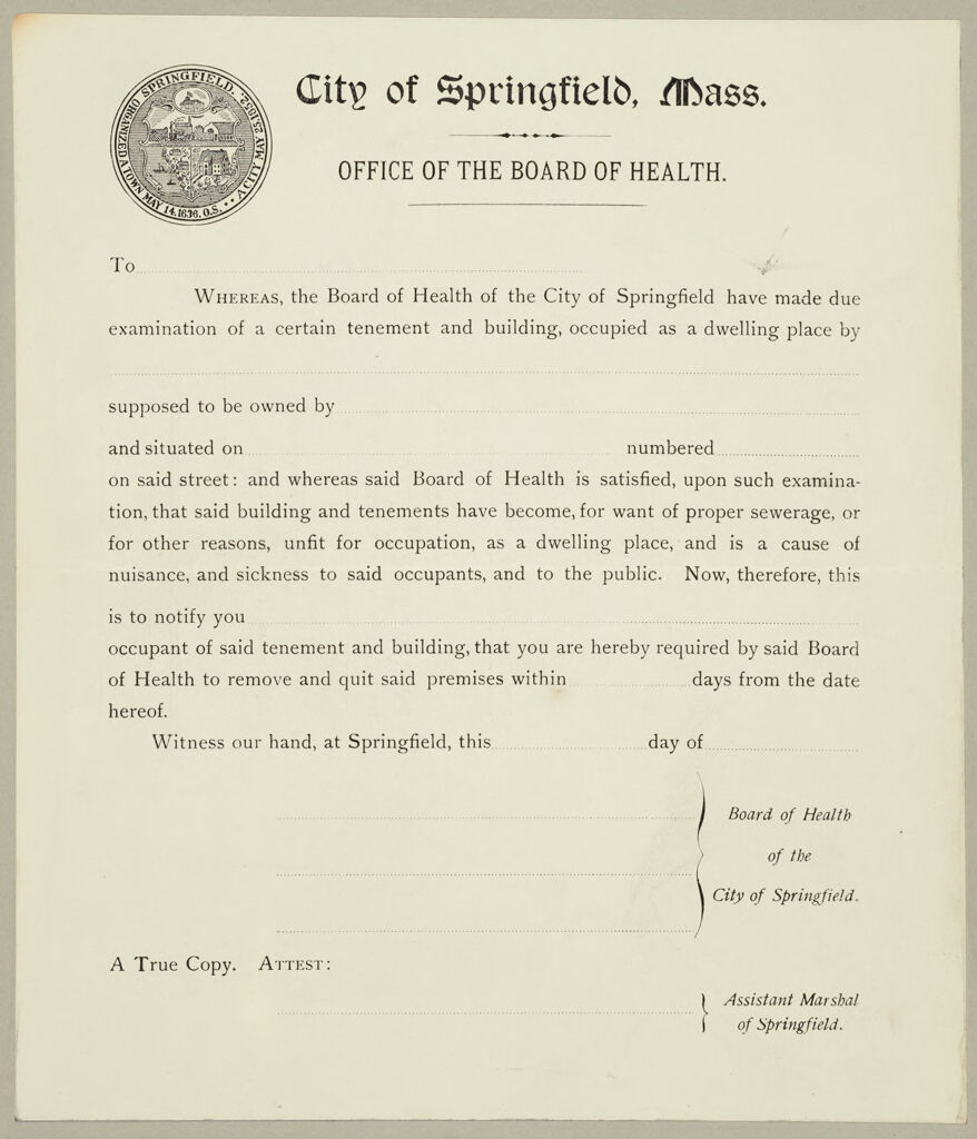 Health, General: United States. Massachusetts. Springfield. Board Of Health Forms: City Of Springfield, Mass. Office Of The Board Of Health.