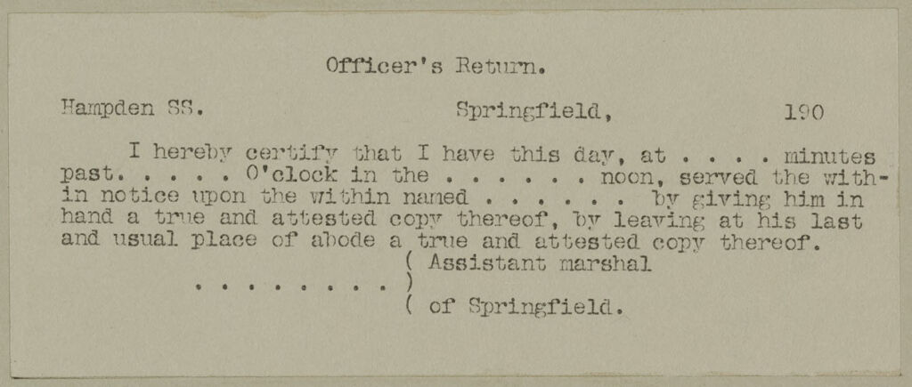 Health, General: United States. Massachusetts. Springfield. Board Of Health Forms: Officer's Return.
