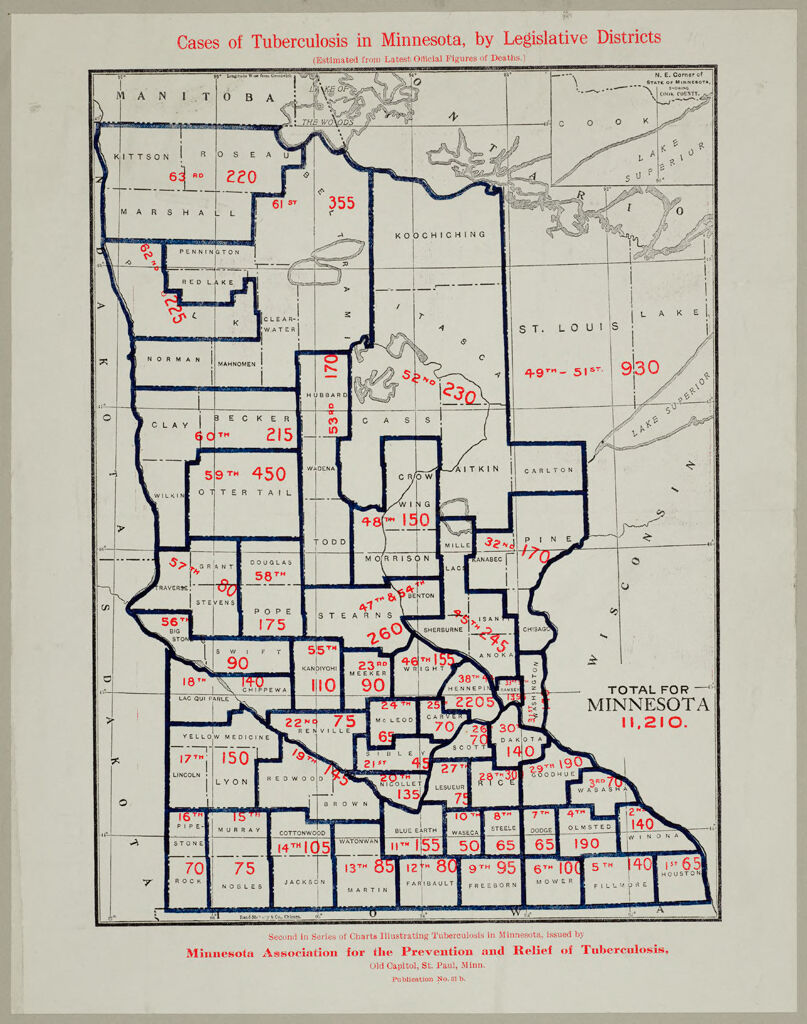 Health, General: United States. Minnesota. Distribution Of Tb: Distribution Of Tuberculosis, Minnesota: Cases Of Tuberculosis In Minnesota, By Legislative Districts