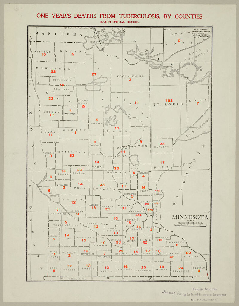Health, General: United States. Minnesota. Distribution Of Tb: Distribution Of Tuberculosis, Minnesota: One Year's Deaths From Tuberculosis, By Counties