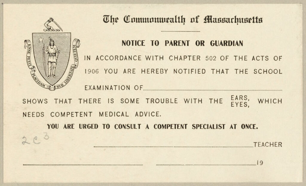Health, General: United States. Massachusetts. Forms For Medical Inspection: Medical Inspection Of School Children: The Commonwealth Of Massachusetts. Notice To Parent Or Guardian