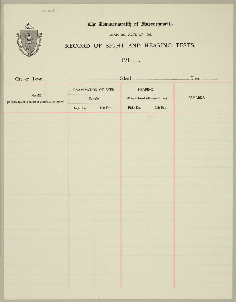 Health, General: United States. Massachusetts. Forms For Medical Inspection: Medical Inspection Of School Children: The Commonwealth Of Massachusetts. Record Of Sight And Hearing Tests.
