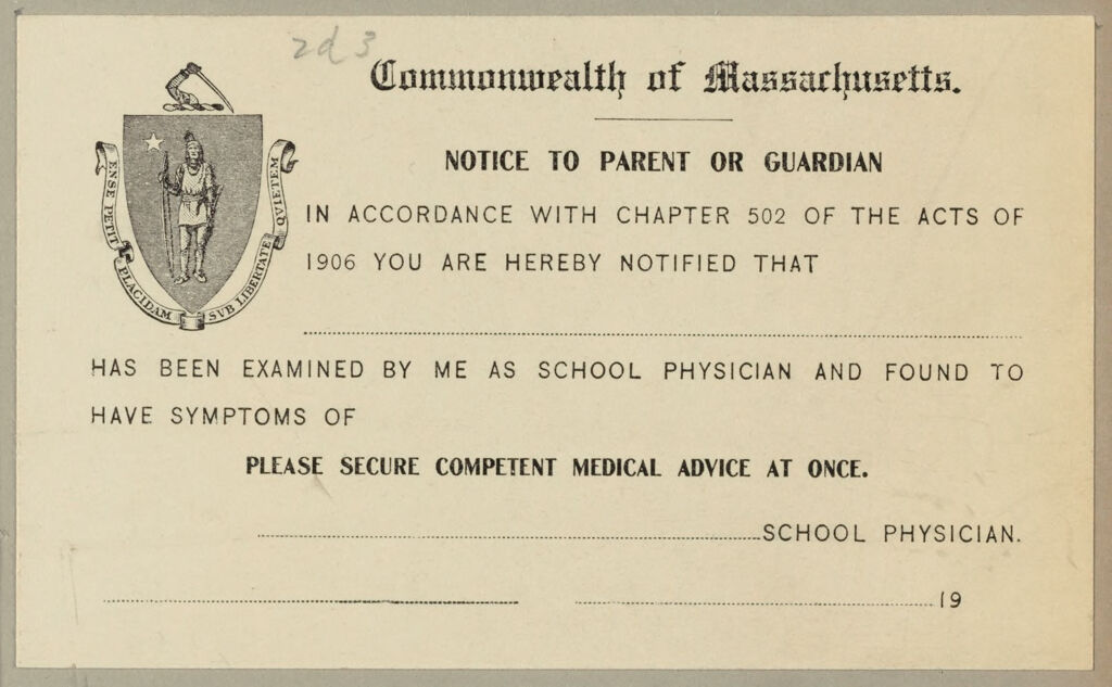 Health, General: United States. Massachusetts. Forms For Medical Inspection: Medical Inspection Of School Children: Commonwealth Of Massachusetts. Notice To Parent Or Guardian