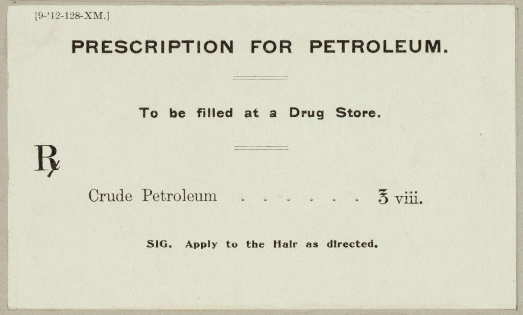 Health, General: United States. Massachusetts. Boston. Forms For Medical Inspection: Prescription For Petroleum.