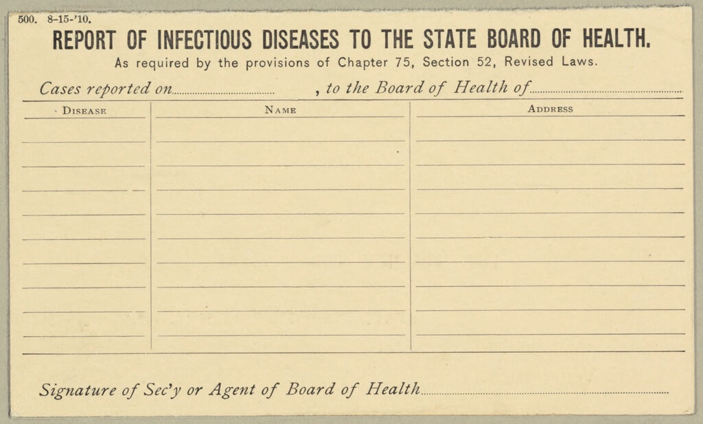 Health, General: United States. Massachusetts. Boston. Forms For Medical Inspection: Report Of Infectious Diseases To The State Board Of Health.