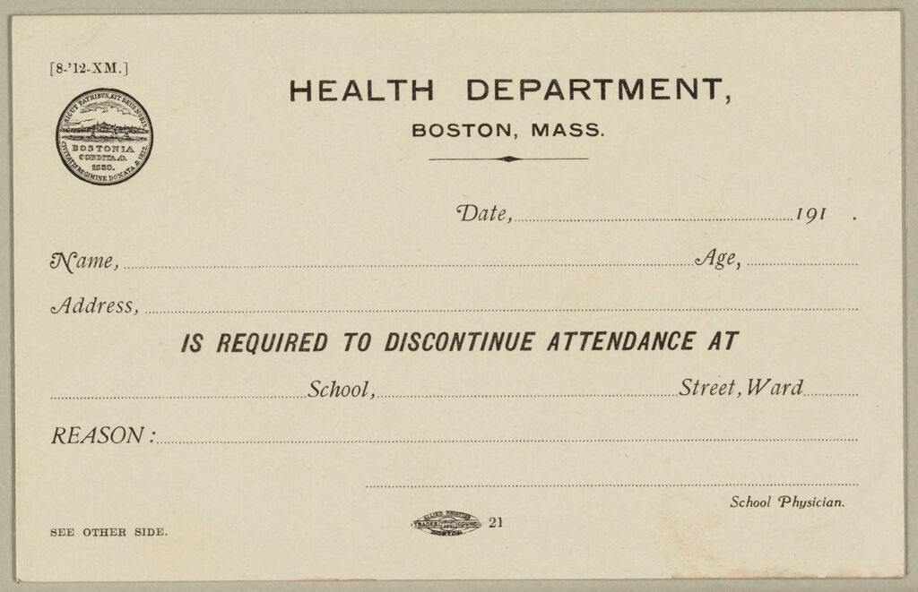 Health, General: United States. Massachusetts. Boston. Forms For Medical Inspection: Health Department, Boston, Mass.
