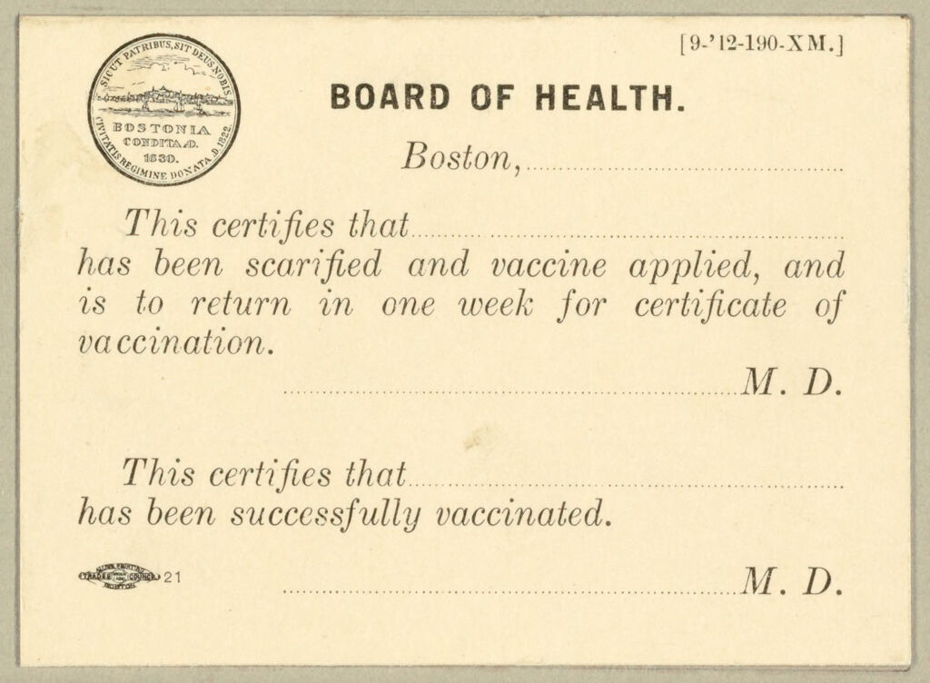 Health, General: United States. Massachusetts. Boston. Forms For Medical Inspection: Board Of Health.