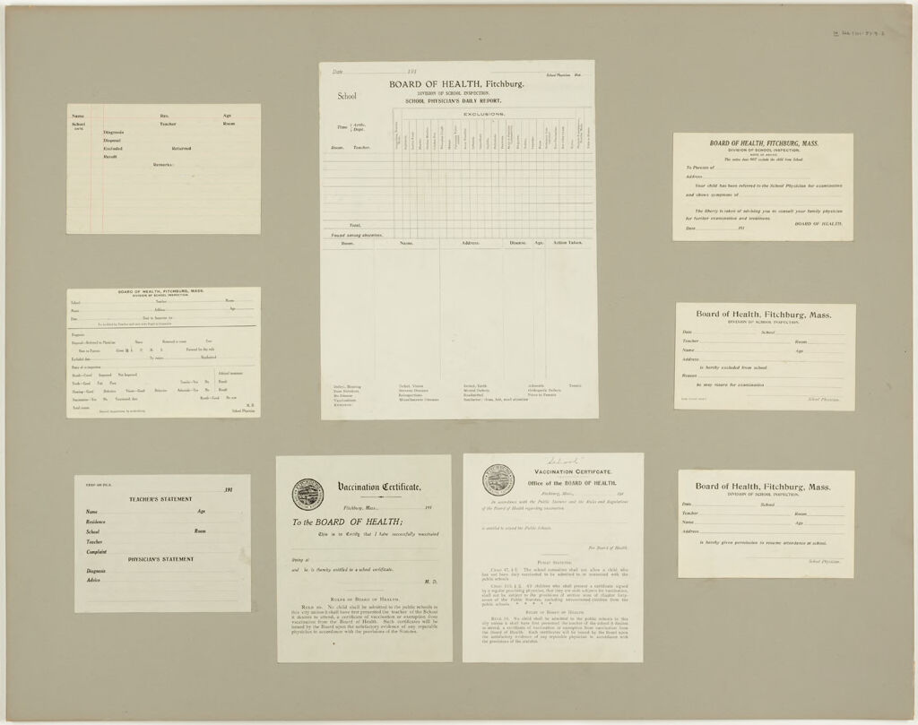 Health, General: United States. Massachusetts. Fitchburg. Forms For Medical Inspection Of School Children