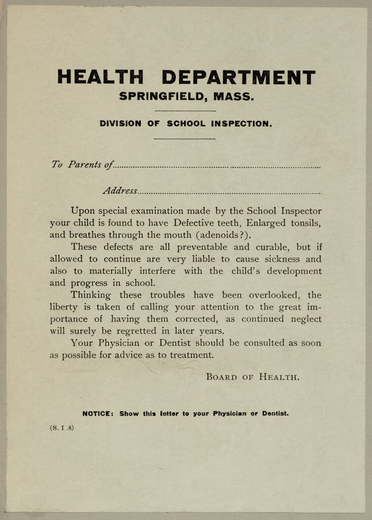 Health, General: United States. Massachusetts. Springfield. Forms For Medical Inspection Of School Children: Health Department Springfield, Mass. Division Of School Inspection