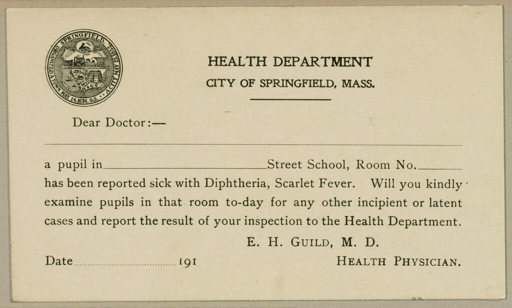 Health, General: United States. Massachusetts. Springfield. Forms For Medical Inspection Of School Children: Health Department. City Of Springfield, Mass.