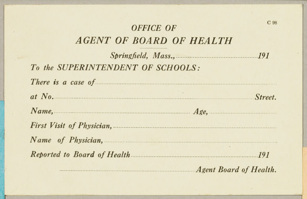 Health, General: United States. Massachusetts. Springfield. Forms For Medical Inspection Of School Children: Office Of Agent Of Board Of Health