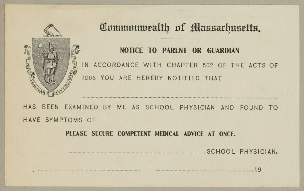 Health, General: United States. Massachusetts. Springfield. Forms For Medical Inspection Of School Children: Commonwealth Of Massachusetts. Notice To Parent Orguardian.