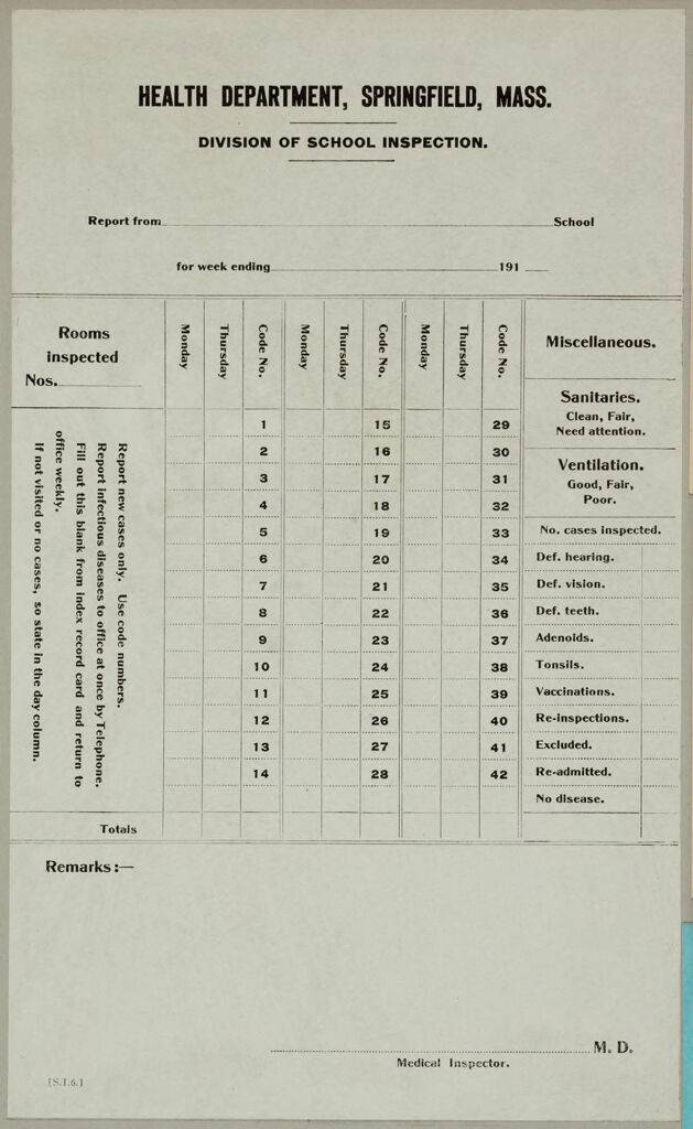 Health, General: United States. Massachusetts. Springfield. Forms For Medical Inspection Of School Children: Health Department, Springfield, Mass. Division Of School Inspection.