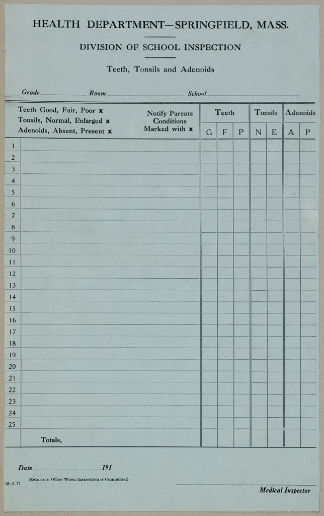 Health, General: United States. Massachusetts. Springfield. Forms For Medical Inspection Of School Children: Health Department - Springfield, Mass. Division Of School Inspection. Teeth, Tonsils And Adenoids