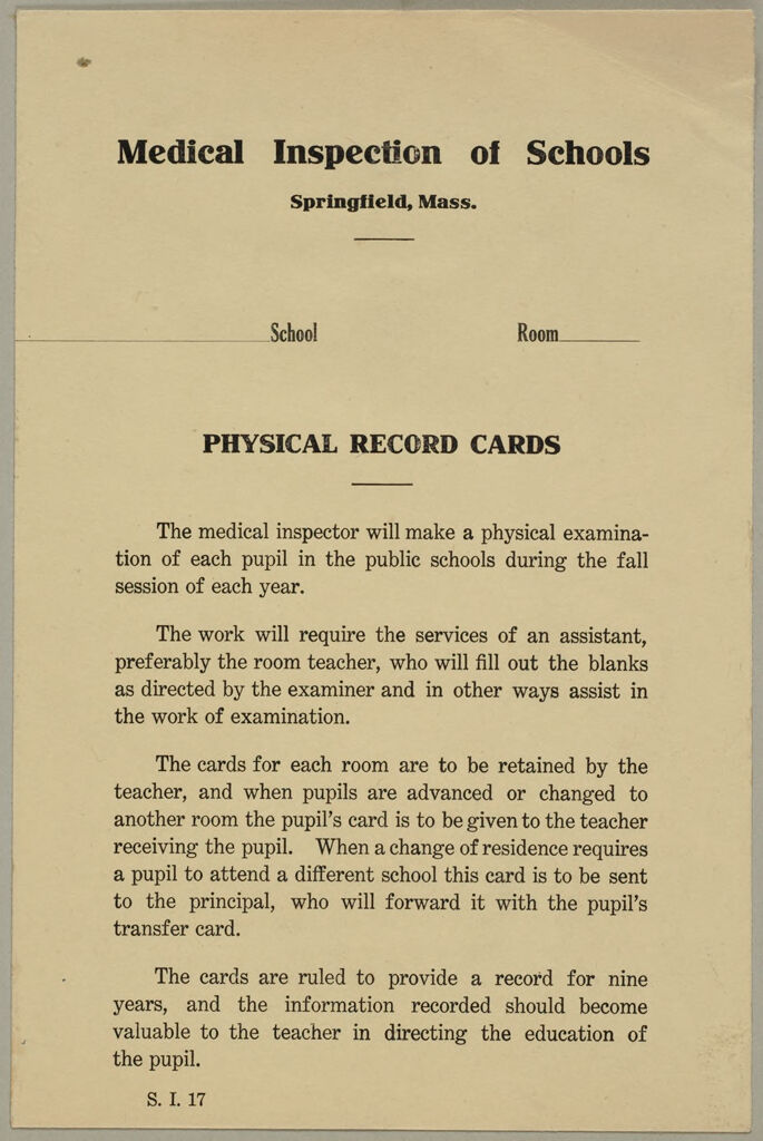 Health, General: United States. Massachusetts. Springfield. Forms For Medical Inspection Of School Children: Medical Inspection Of Schools, Springfield, Mass.