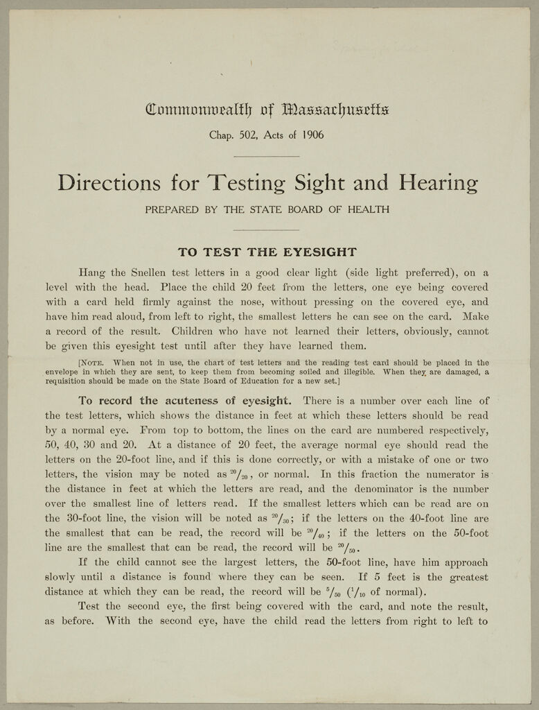 Health, General: United States. Massachusetts. Forms For Medical Inspection Of School Children: Commonwealth Of Massachusetts. Directions For Testing Sight And Hearing Prepared By The State Board Of Health: To Test The Eyesight