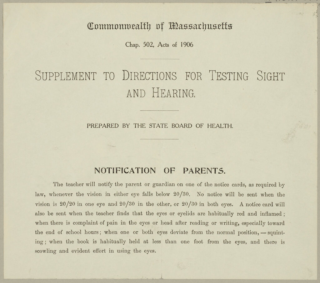 Health, General: United States. Massachusetts. Forms For Medical Inspection Of School Children: Commonwealth Of Massachusetts. Supplement To Directions For Testing Sight And Hearing. Prepared By The State Board Of Health.: Notification Of Parents.