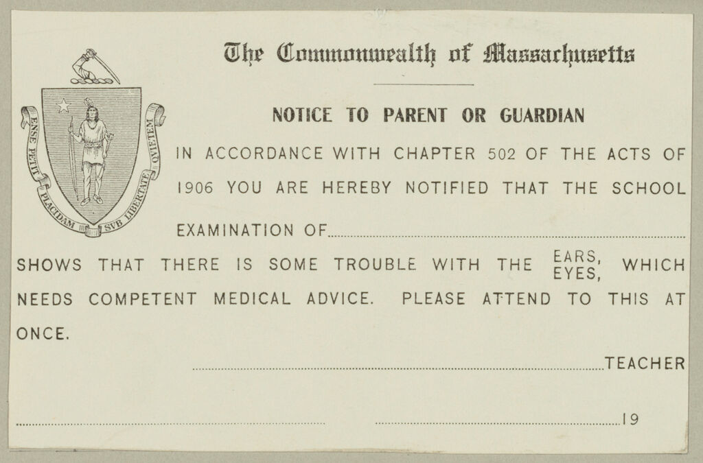 Health, General: United States. Massachusetts. Forms For Medical Inspection Of School Children: The Commonwealth Of Massachusetts. Notice To Parent Or Guardian