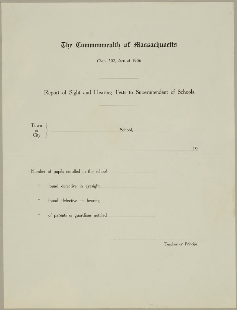 Health, General: United States. Massachusetts. Forms For Medical Inspection Of School Children: The Commonwealth Of Massachusetts. Report Of Sight And Hearing Tests To Superintendent Of Schools