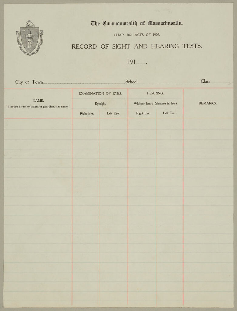 Health, General: United States. Massachusetts. Forms For Medical Inspection Of School Children: The Commonwealth Of Massachusetts. Record Of Sight And Hearing Tests.