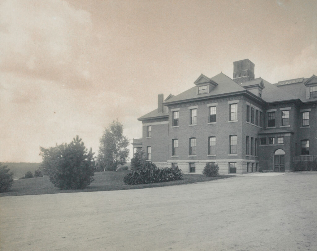 Crime, Children, Truant Schools: United States. Massachusetts. Oakdale. Worcester County Truant School: Worcester County Truant School, Oakdale.: View Showing Dormitory And School Room And Boys Entrance From Playground.