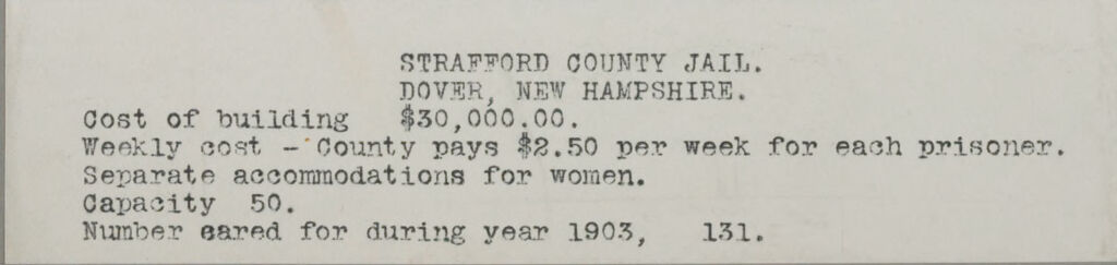 Crime, Prisons: United States. New Hampshire. Dover. Strafford County Jail: New Hampshire State Charitable And Correctional Institutions.