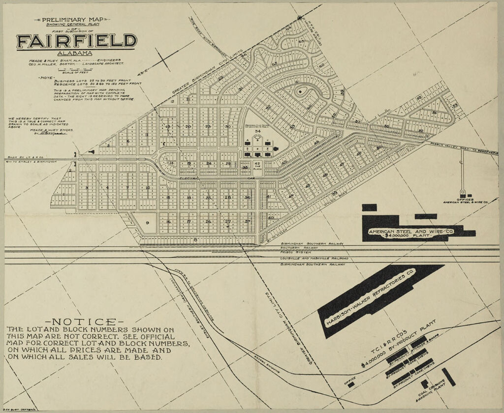 Housing, Industrial: United States. Alabama. Fairfield: Industrial Housing. Estate Plans: Preliminary Map Showing General Plan Of First Subdivision Of Fairfield Alabama