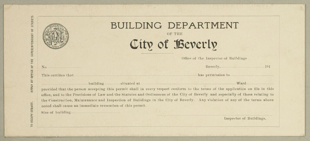 Housing, Improved: United States. Massachusetts. Beverly. Massachusetts Building Permits: Building Department Of The City Of Beverly