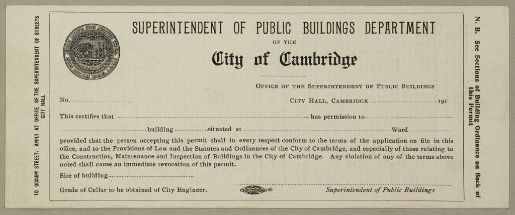 Housing, Improved: United States. Massachusetts. Cambridge. Massachusetts Building Permits: Superintendent Of Public Buildings Department Of The City Of Cambridge