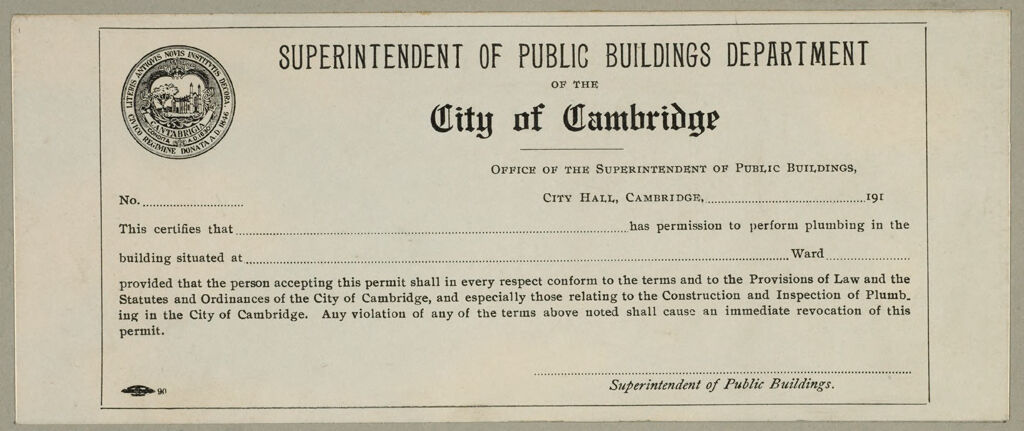 Housing, Improved: United States. Massachusetts. Cambridge. Massachusetts Building Permits: Superintendent Of Public Buildings Department Of The City Of Cambridge