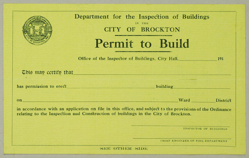 Housing, Improved: United States. Massachusetts. Brockton. Massachusetts Building Permits: Department For The Inspection Of Buildings In The City Of Brockton. Permit To Build