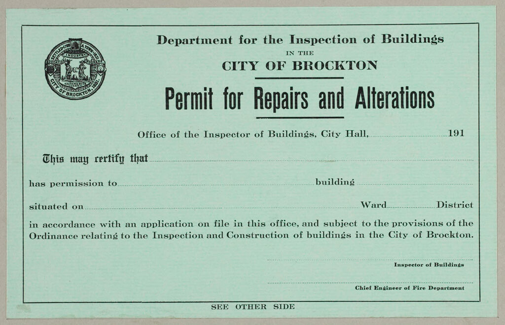 Housing, Improved: United States. Massachusetts. Brockton. Massachusetts Building Permits: See Section 3 Of 