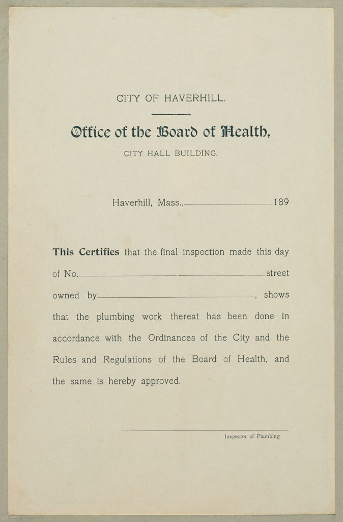 Housing, Improved: United States. Massachusetts. Haverhill. Massachusetts Building Permits: City Of Haverhill. Office Of The Board Of Health, City Hall Building.