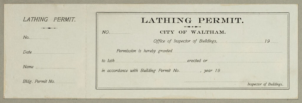 Housing, Improved: United States. Massachusetts. Waltham. Massachusetts Building Permits: Lathing Permit.