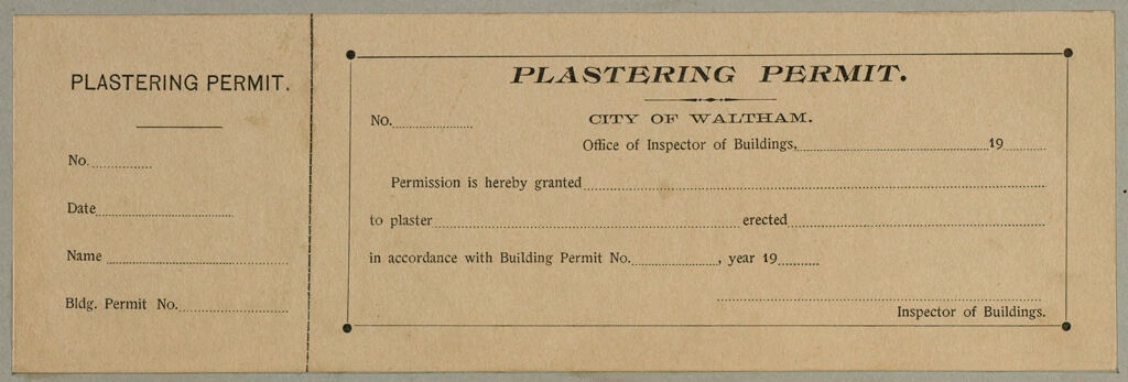 Housing, Improved: United States. Massachusetts. Waltham. Massachusetts Building Permits: Plastering Permit.