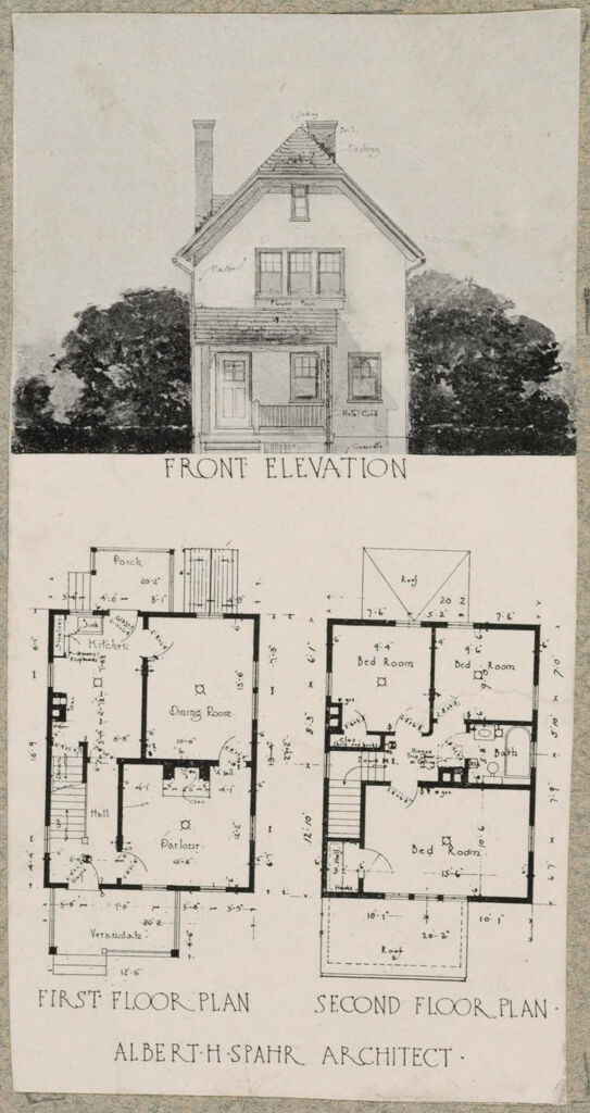 Housing, Improved: United States. Pennsylvania. Midland. Housing Exhibit Of George B. Post & Sons: Midland, Pa. Pittsburgh Crucible Steel Co.: Macclure & Spahr. Architects. Front Elevation. First Floor Plan. Second Floor Plan.