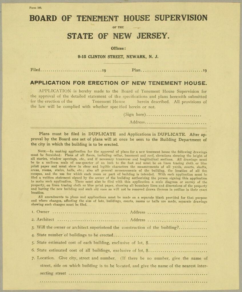 Housing, Improved: United States. New Jersey. Newark. Forms And Records Used By Tenement House Department: Board Of Tenement House Supervision Of The State Of New Jersey. Application For Erection Of New Tenement House.