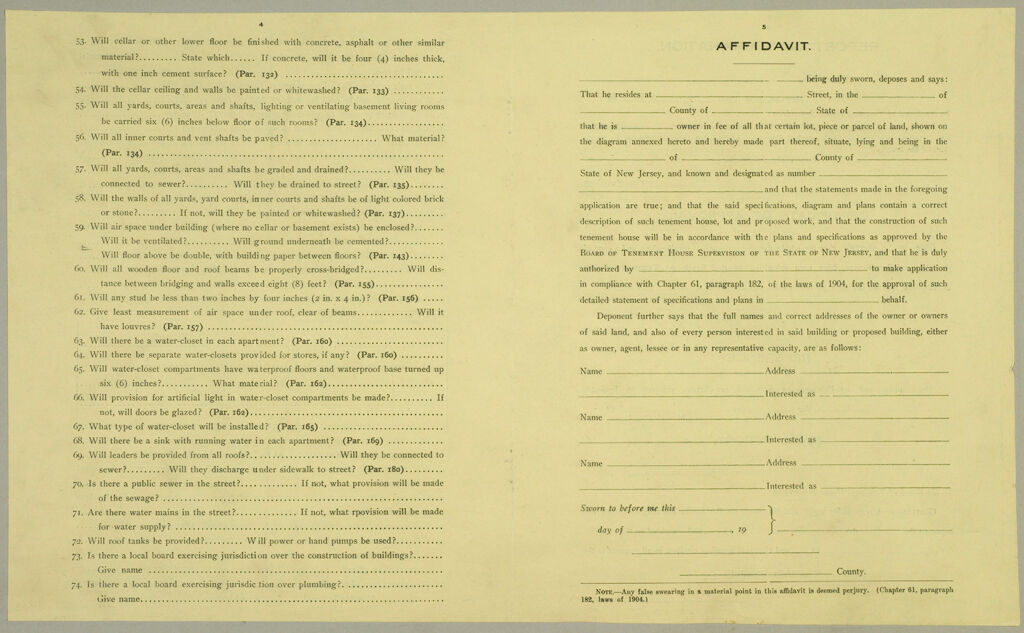 Housing, Improved: United States. New Jersey. Newark. Forms And Records Used By Tenement House Department: Affidavit.