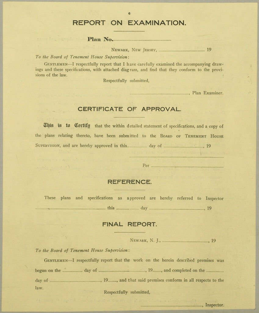 Housing, Improved: United States. New Jersey. Newark. Forms And Records Used By Tenement House Department: Report On Examination.