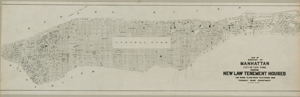 Housing, Improved: United States. New York. New York City. Forms And Records Used By Tenement House Department: Housing Conditions: New York: Map Of Borough Of Manhattan. City Of New York. Showing New Law Tenement Houses For Which Plans Were Filed During 1908.