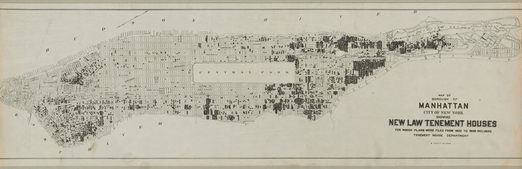 Housing, Improved: United States. New York. New York City. Forms And Records Used By Tenement House Department: Housing Conditions: New York: Map Of Borough Of Manhattan. City Of New York. Showing New Law Tenement Houses For Which Plans Were Filed From 1902 To 1908 Inclusive.