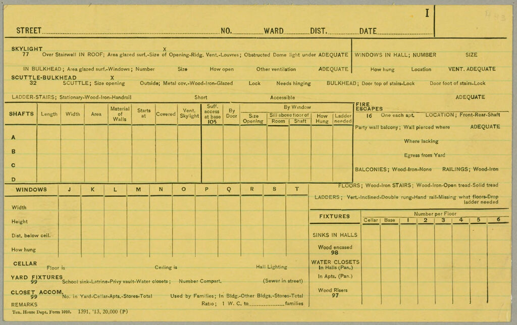 Housing, Improved: United States. New York. New York City. Tenement House Department: Forms And Records Used By Tenement House Department. New York City: I